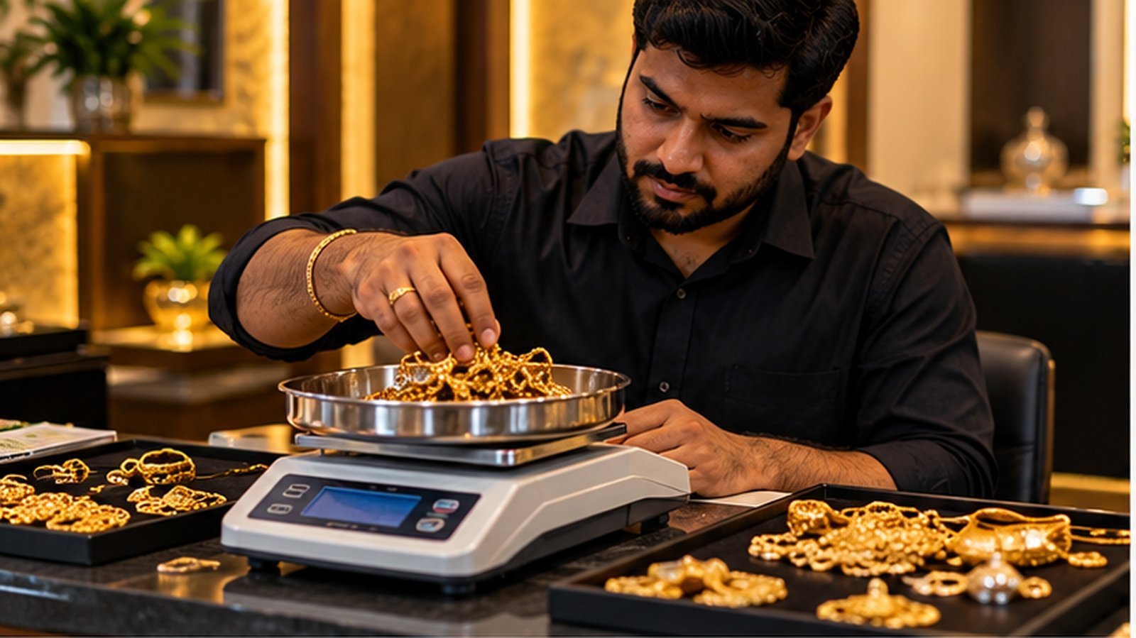 Gold weighing process at MM Gold Buyers Coimbatore